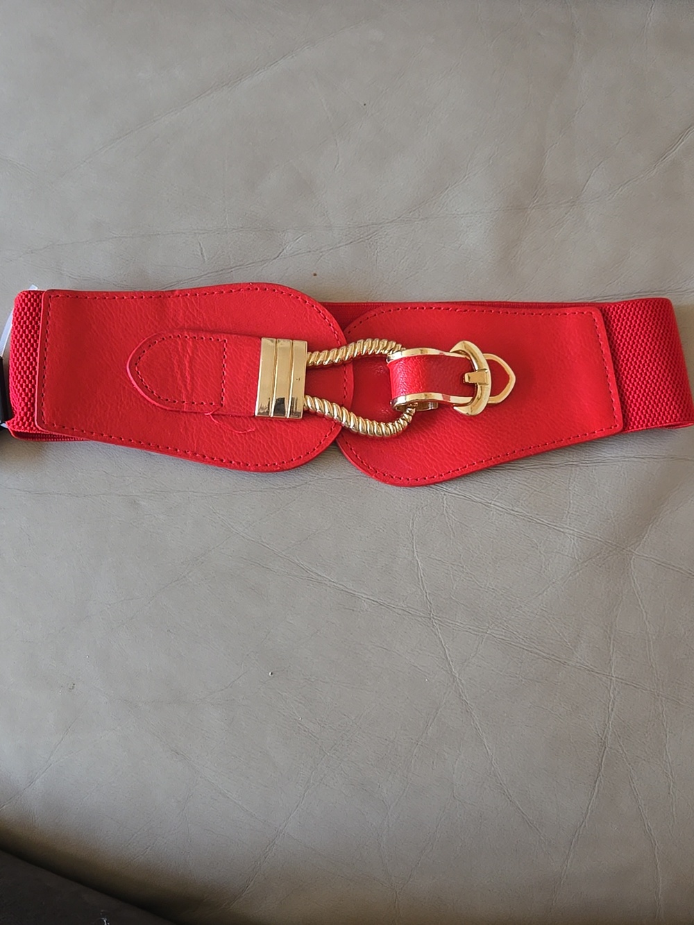 NWT nOir Stretchy Belt Gold Rope Buckle Red Elastic Waist Clasp Statement Bright